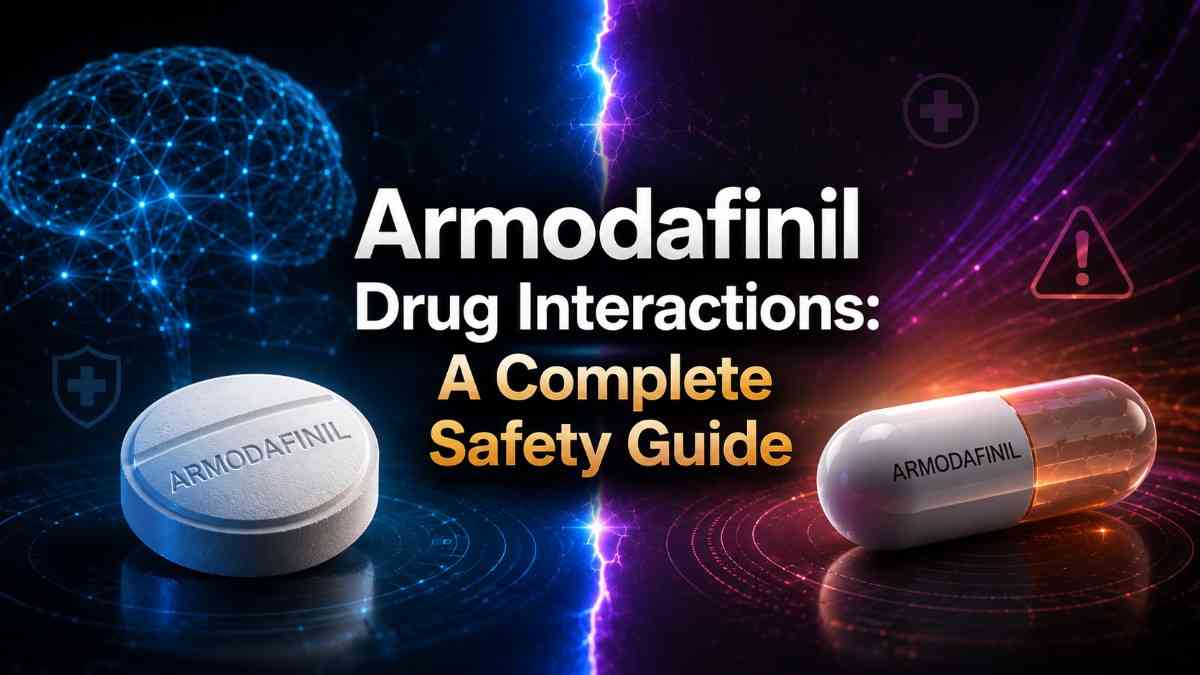 Armodafinil drug interactions safety guide showing tablet and capsule