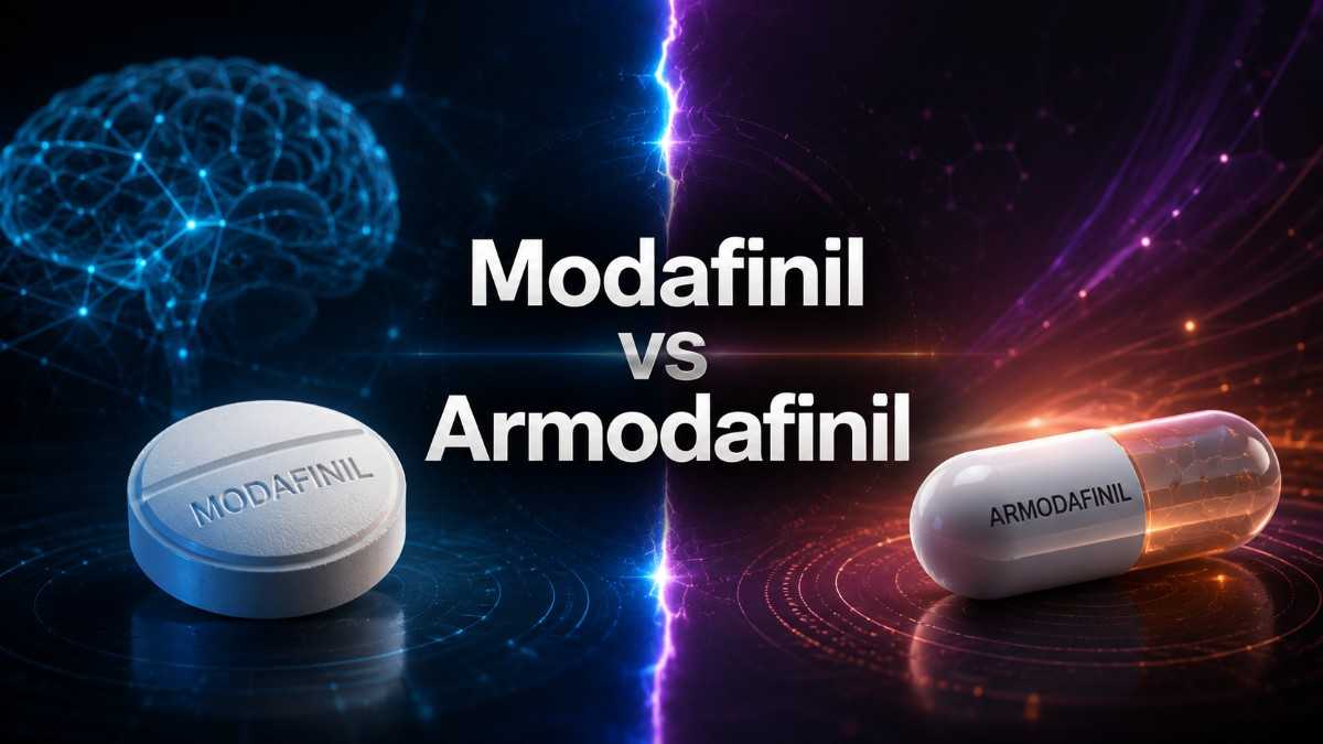 Modafinil vs Armodafinil comparison thumbnail showing wakefulness drugs with futuristic blue and purple medical design
