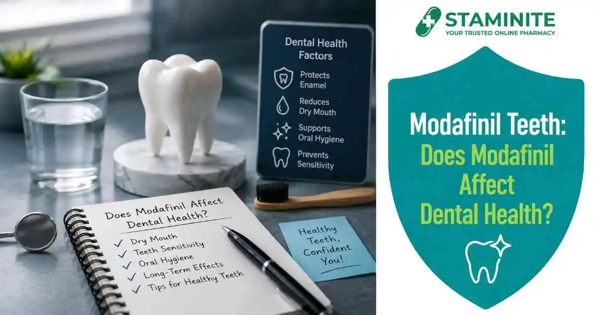 Modafinil tablets next to a toothbrush and glass of water illustrating modafinil teeth and oral health effects