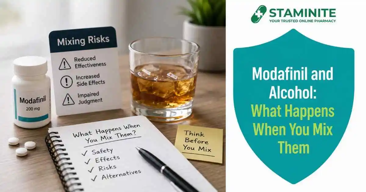 Modafinil and alcohol glass side by side showing drug interaction risk