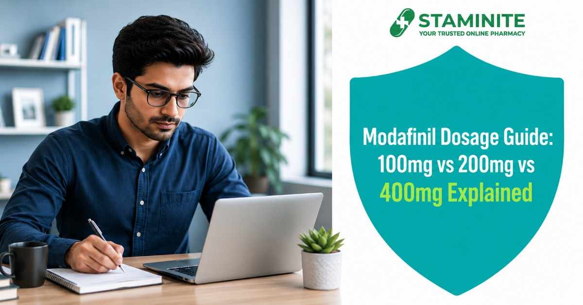 Modafinil dosage guide showing 100mg vs 200mg vs 400mg differences for cognitive enhancement