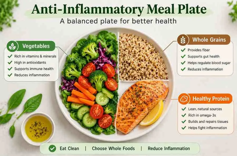 Anti-inflammatory meal plate diagram showing vegetables, whole grains, and healthy protein for a balanced diet