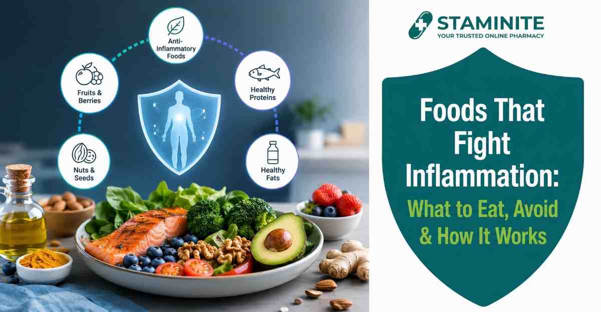 Foods That Fight Inflammation feature image showing anti-inflammatory foods, healthy meal, and inflammation guide