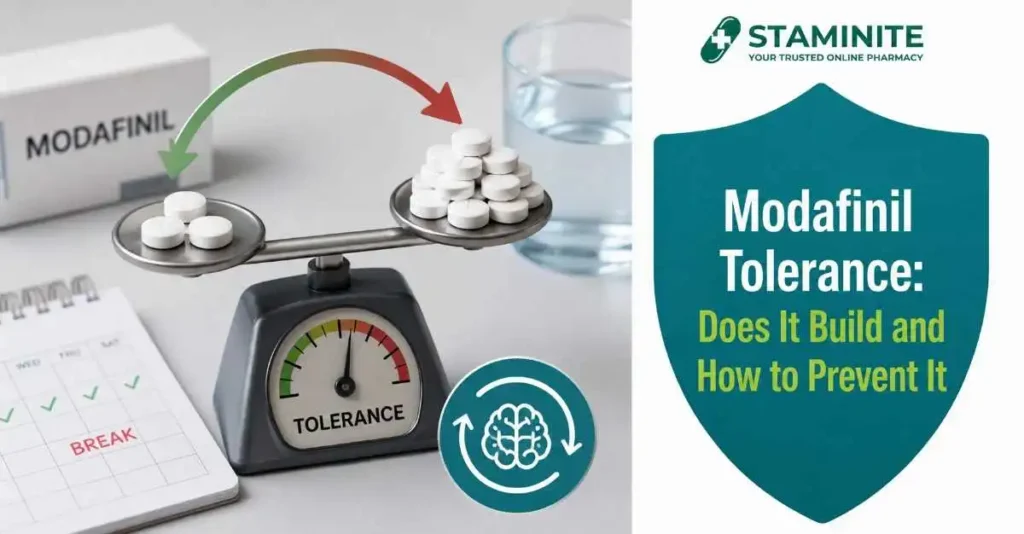 Person weighing modafinil pill against a clock, representing modafinil tolerance and dosing schedule