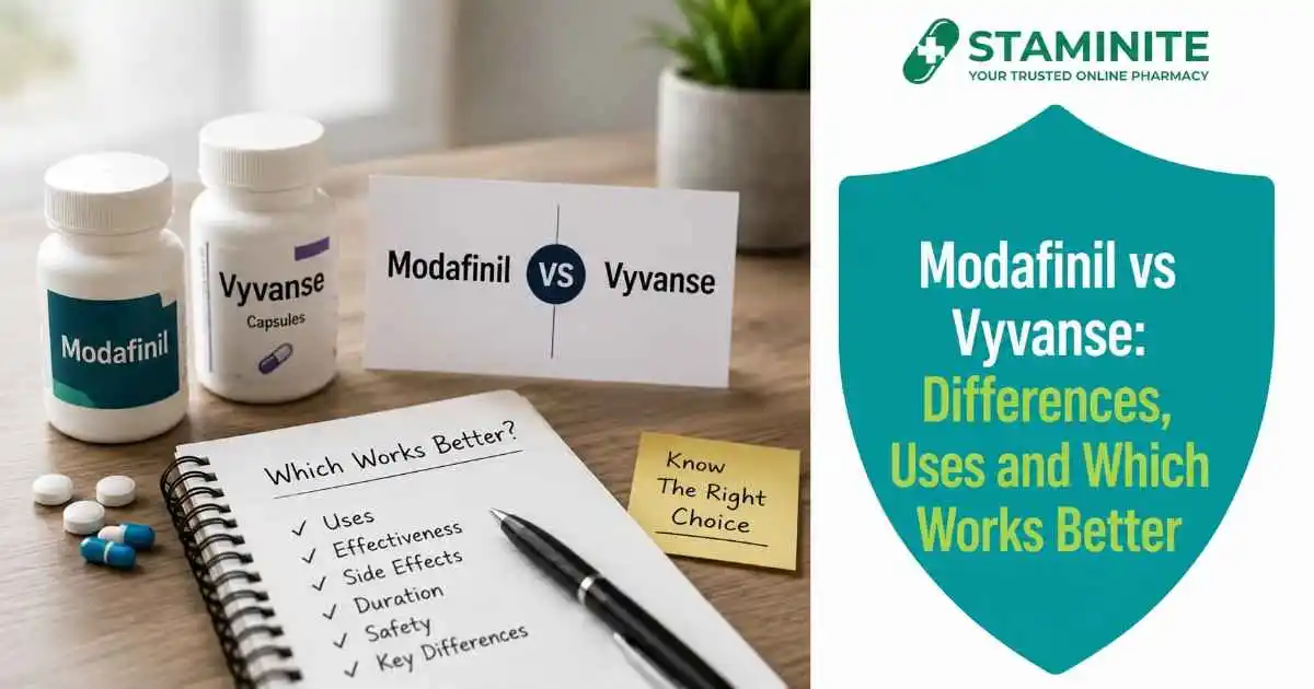 Modafinil vs Vyvanse comparison chart showing differences in uses, side effects and cost