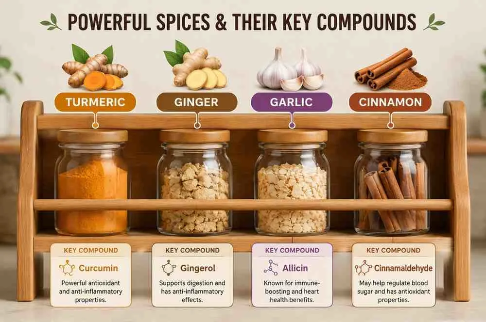 Spice rack infographic showing turmeric, ginger, garlic, and cinnamon with their key active compounds