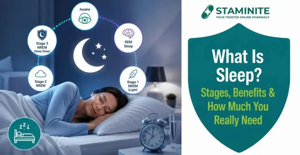 What is sleep infographic showing sleep stages, health benefits, and how much sleep adults really need