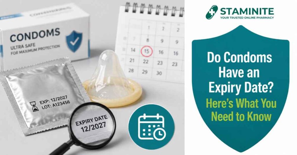 Condom expiry date guide with sealed condom wrapper, calendar, magnifier, and expiration date illustration.