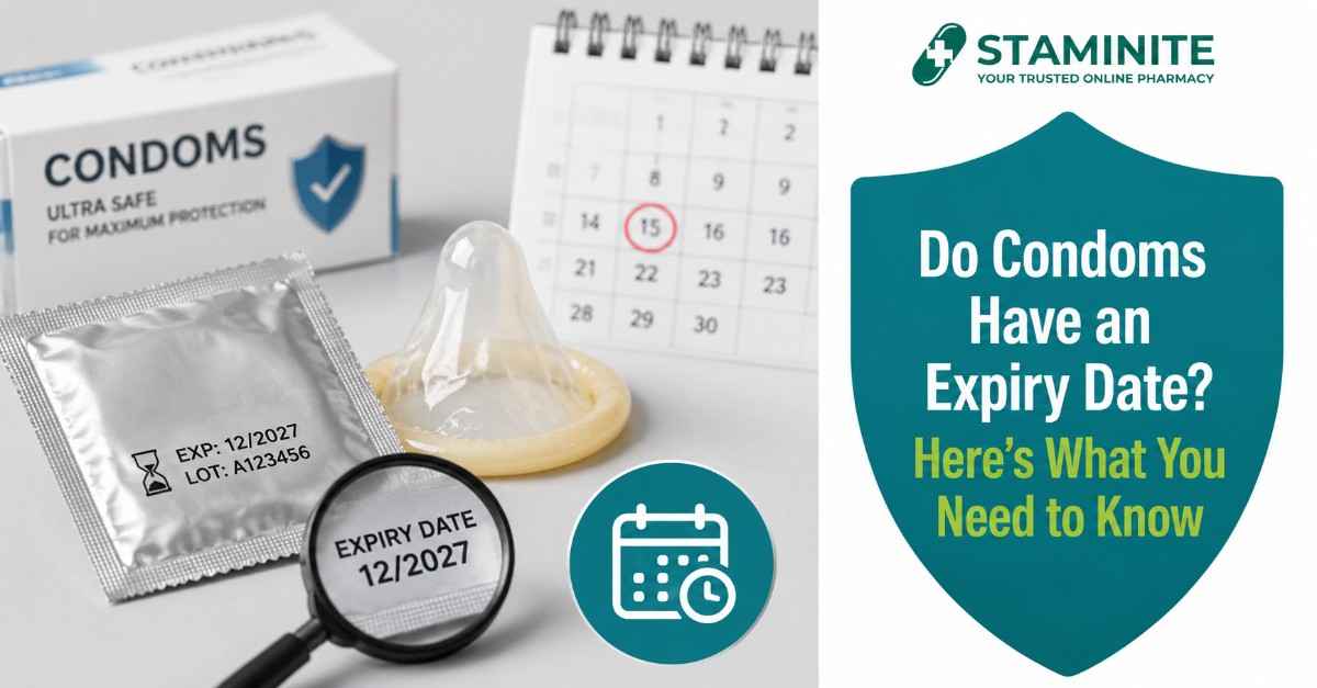 Condom expiry date guide with sealed condom wrapper, calendar, magnifier, and expiration date illustration.