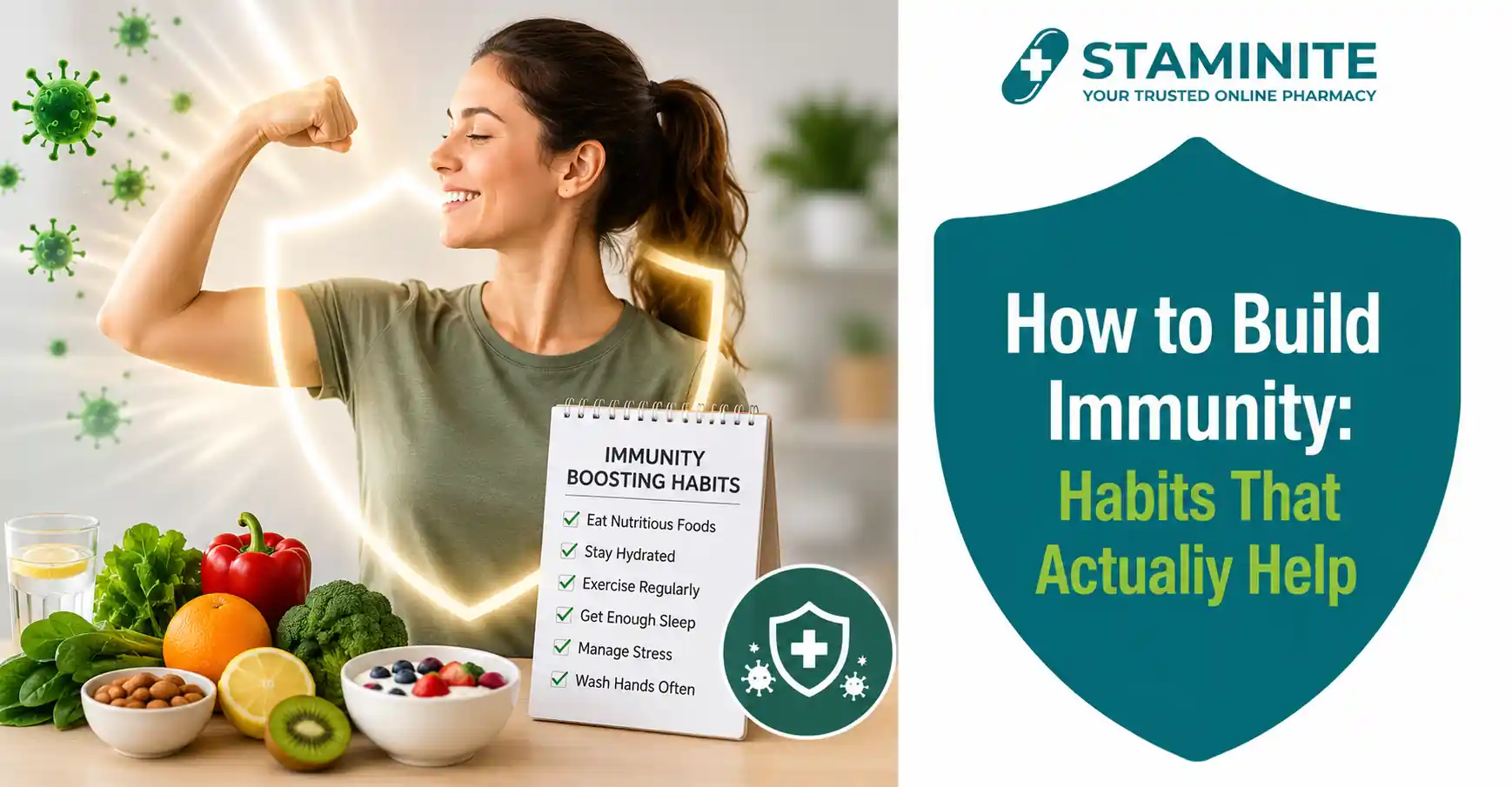 Healthy habits to build immunity including nutrition, exercise, sleep, hydration, and stress management.