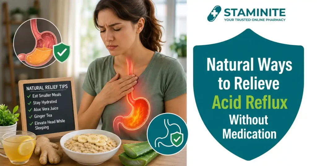 Natural ways to relieve acid reflux with ginger, aloe vera, healthy foods, and digestive health tips.