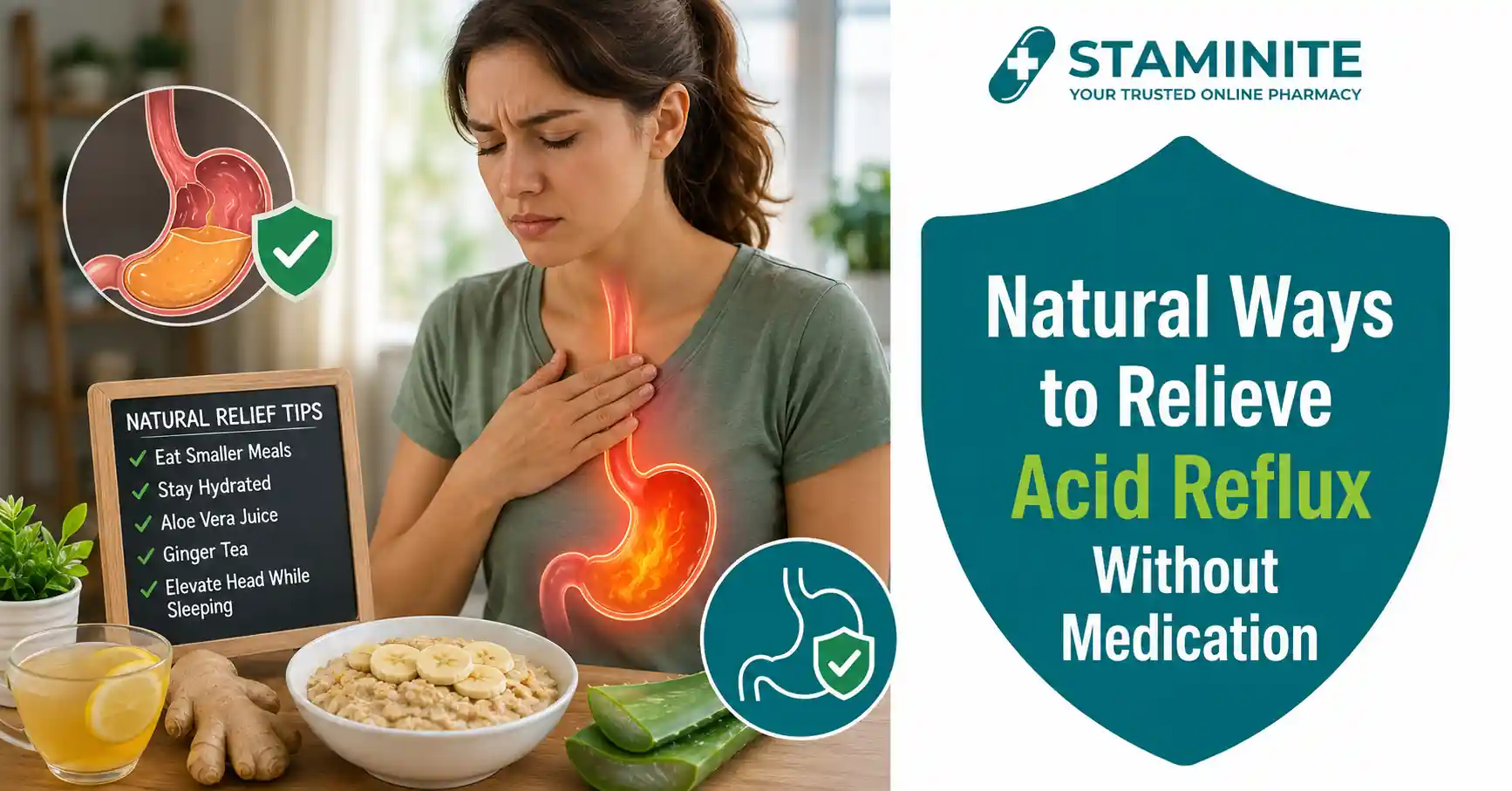 Natural ways to relieve acid reflux with ginger, aloe vera, healthy foods, and digestive health tips.