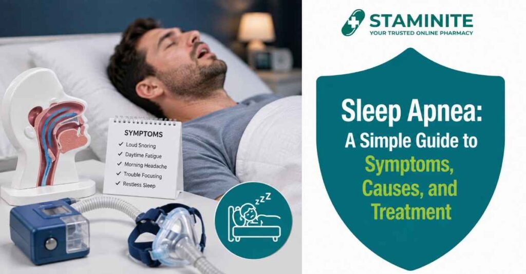Sleep apnea guide infographic showing symptoms, airway anatomy, CPAP therapy, causes, and treatment options