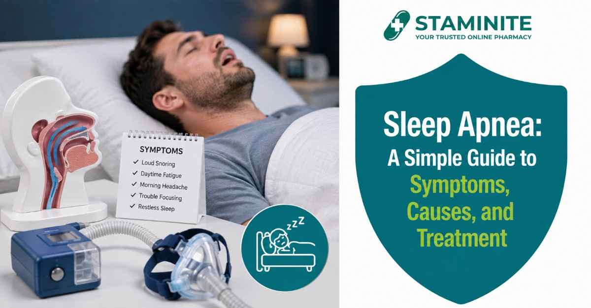 Sleep apnea guide infographic showing symptoms, airway anatomy, CPAP therapy, causes, and treatment options