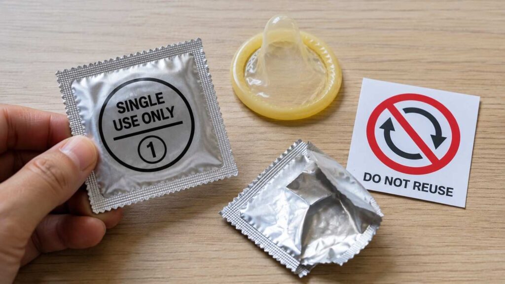 Condom packaging showing single-use only and do not reuse warning