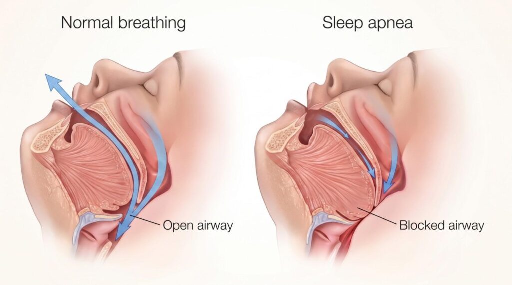 Normal open airway compared with blocked airway in sleep apnea