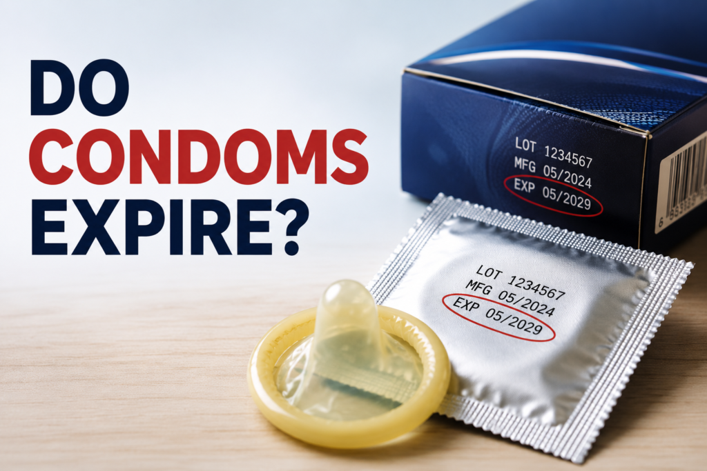 Condom packaging showing the expiry date and proper storage information
