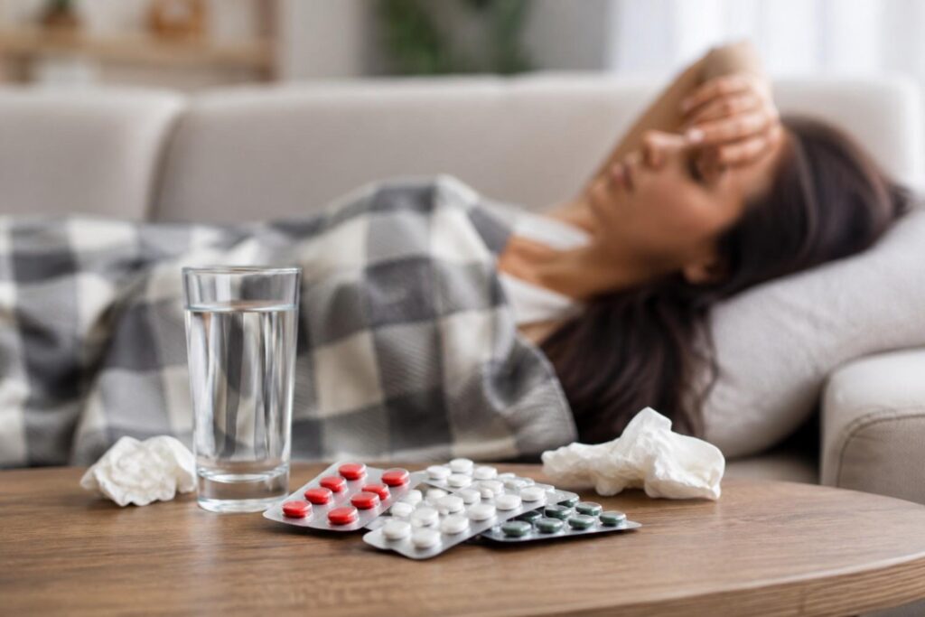 Medicine and water on a table with a sick woman resting in the blurred background