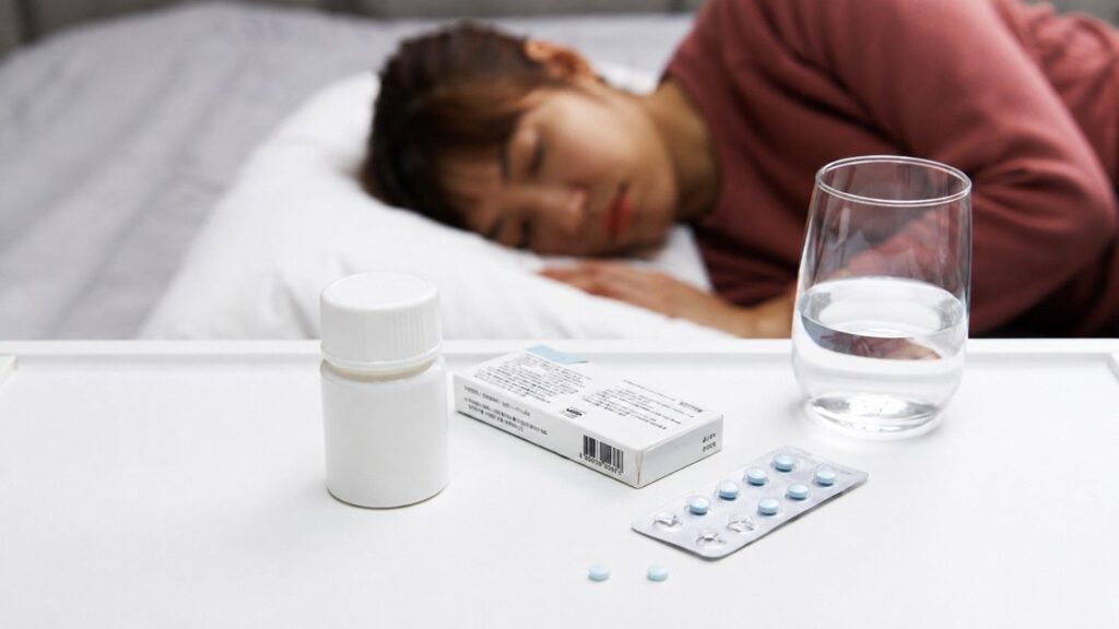 Sleeping pills and a glass of water on a bedside table with a person resting in bed